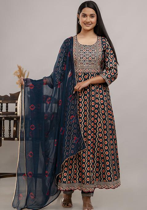 Blue Embroidered Rayon Kurta Set