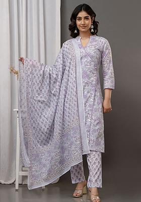 Purple Printed Cotton Kurta Set