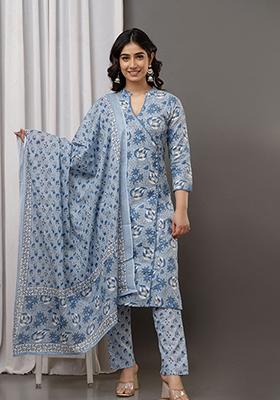 Blue Printed Cotton Kurta Set