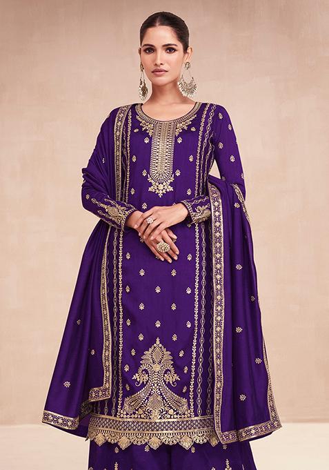 Purple Embroidered Silk Kurta Set