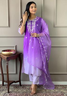 Purple Embroidered Art Silk Kurta Set