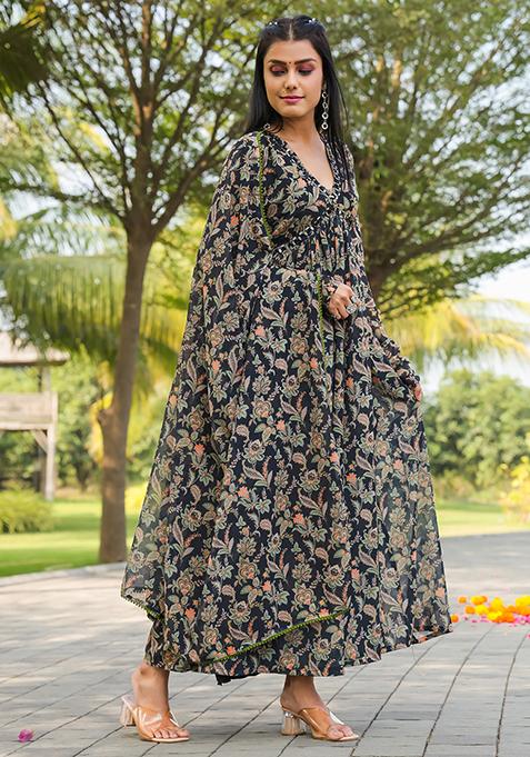 Black Printed Georgette Kurta Set