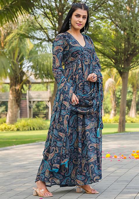 Blue Printed Georgette Kurta Set