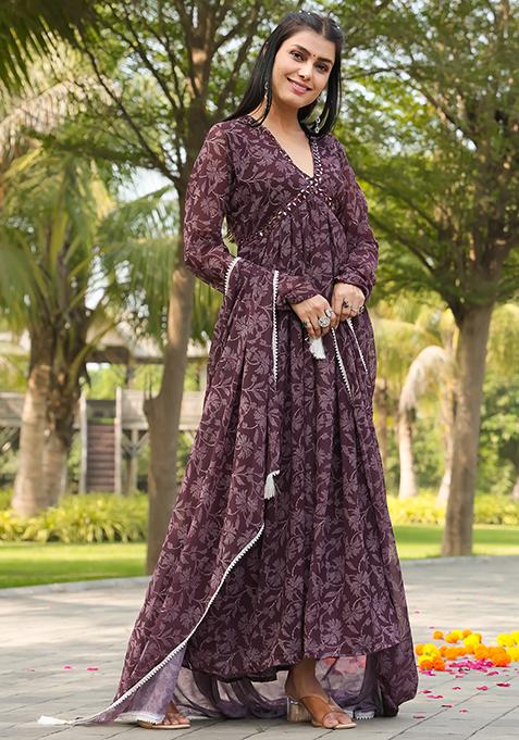 Wine Printed Georgette Kurta Set