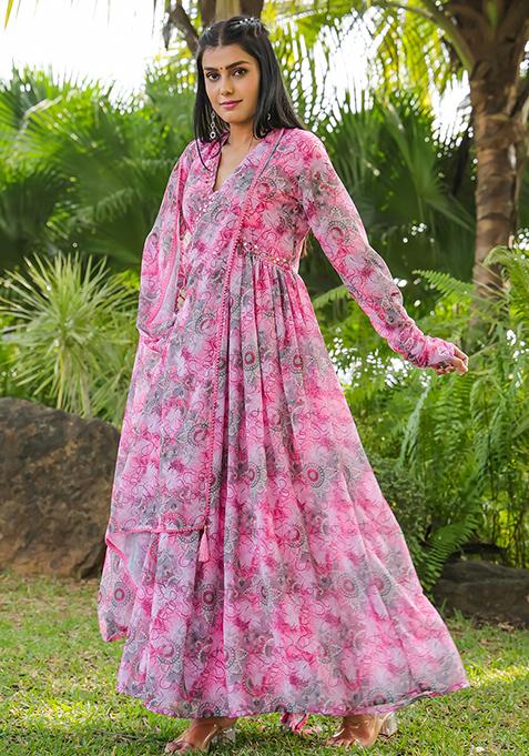 Pink Printed Georgette Kurta Set