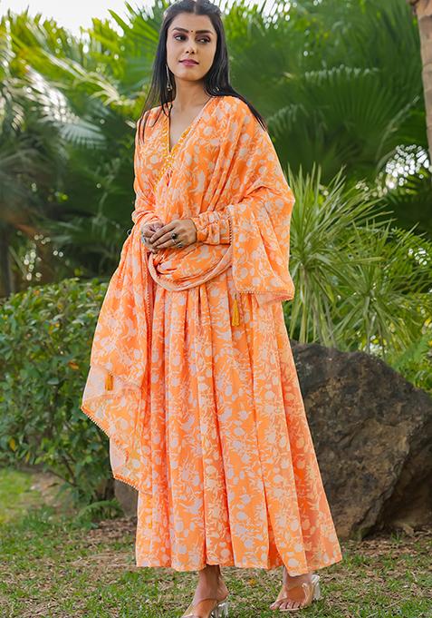 Orange Printed Georgette Kurta Set