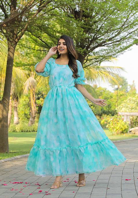 Sea Green Printed Georgette Gown