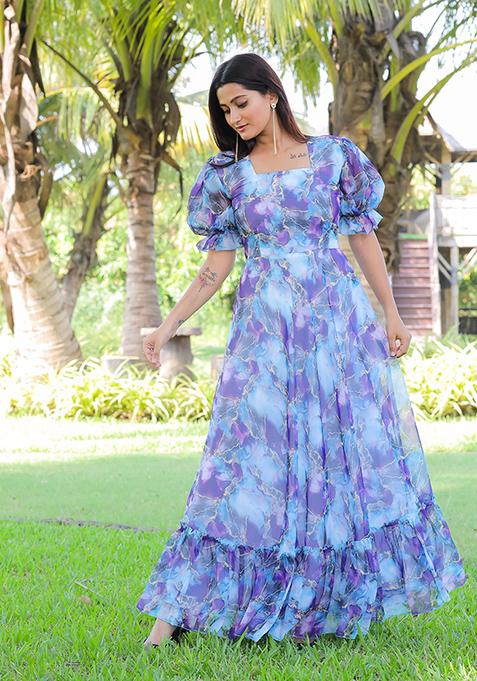 Blue Printed Georgette Gown