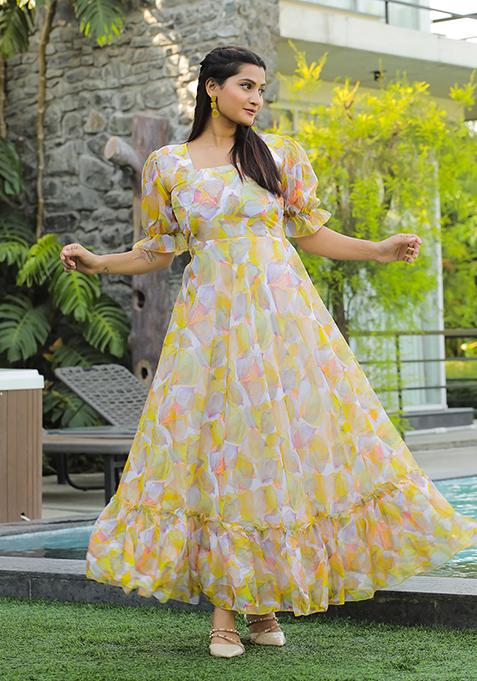 Yellow Printed Georgette Gown