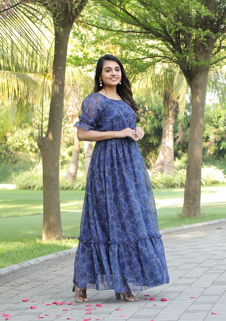 Blue Printed Georgette Gown