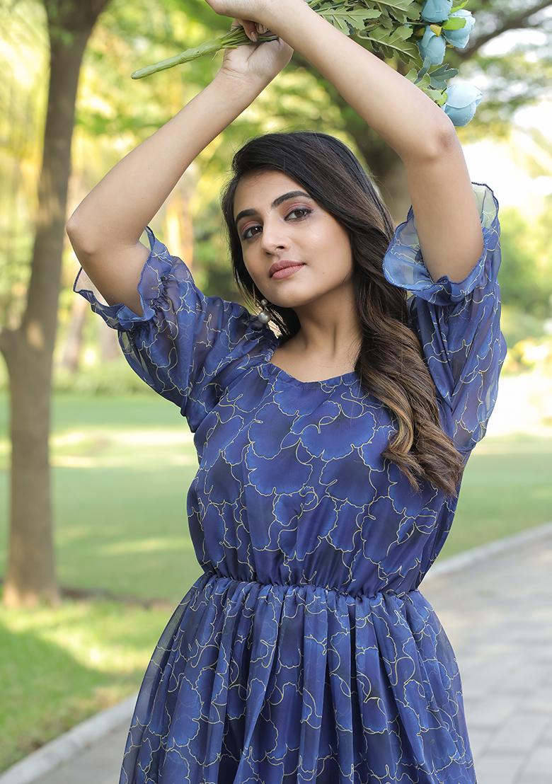 Blue Printed Georgette Gown