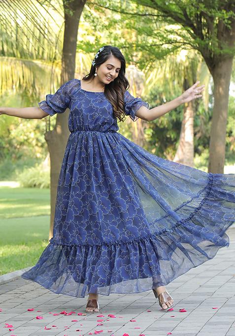 Blue Printed Georgette Gown