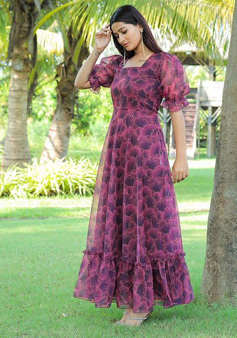 Wine Printed Georgette Gown