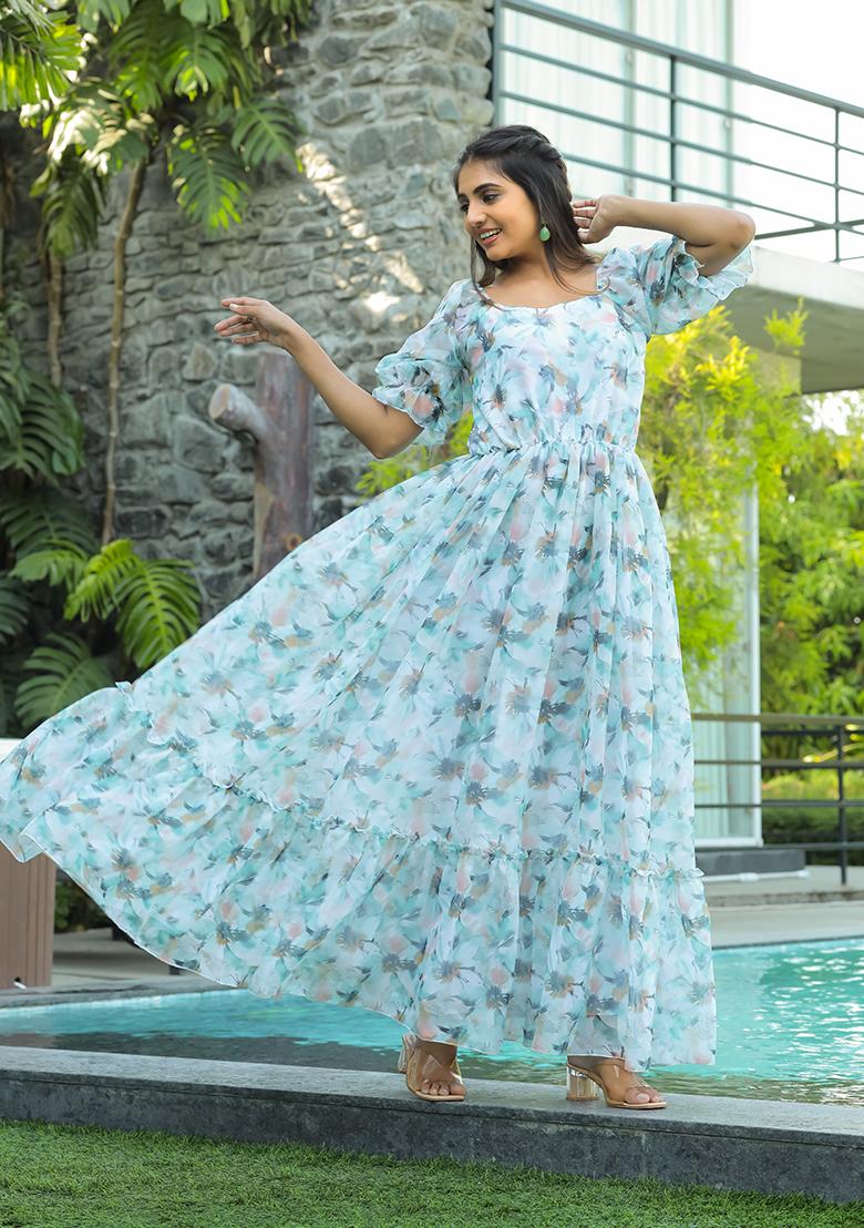 Sky Blue Printed Georgette Gown
