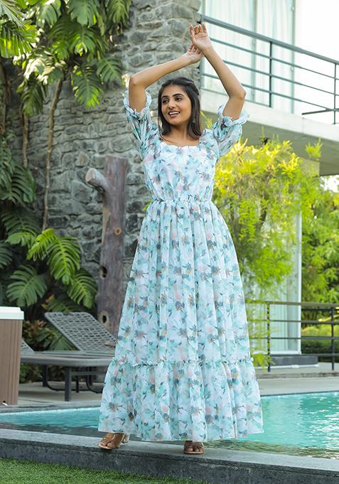 Sky Blue Printed Georgette Gown