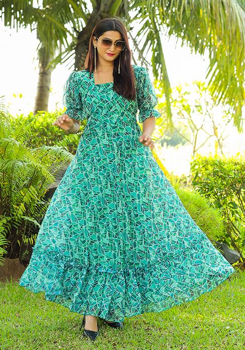 Green Printed Georgette Gown