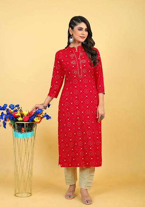 Red Printed Rayon Kurta