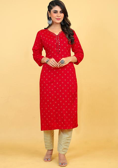 Red Printed Rayon Kurta