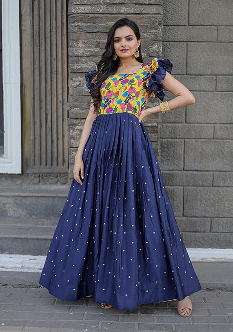 Blue Printed Polyester Gown