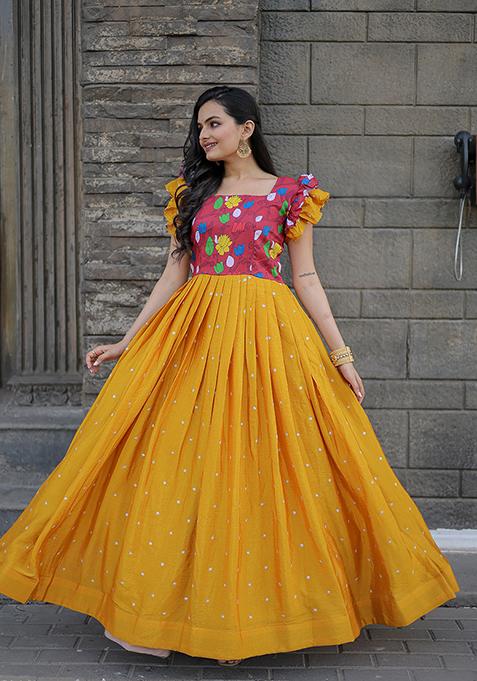 Yellow Printed Polyester Gown