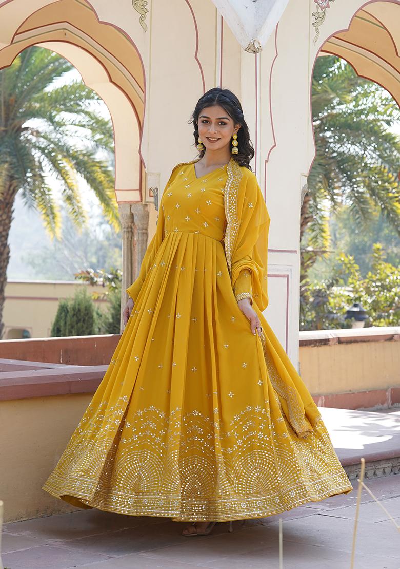 Yellow Embroidered Georgette Kurta Set
