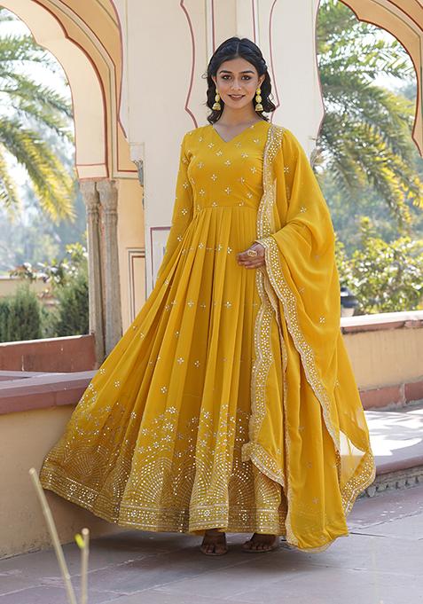 Yellow Embroidered Georgette Kurta Set