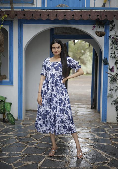 Blue Printed Georgette Kurta