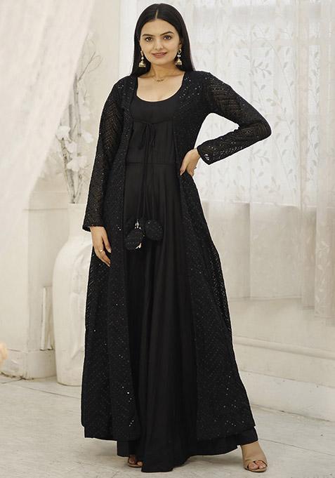 Black Embroidered Rayon Kurta Set