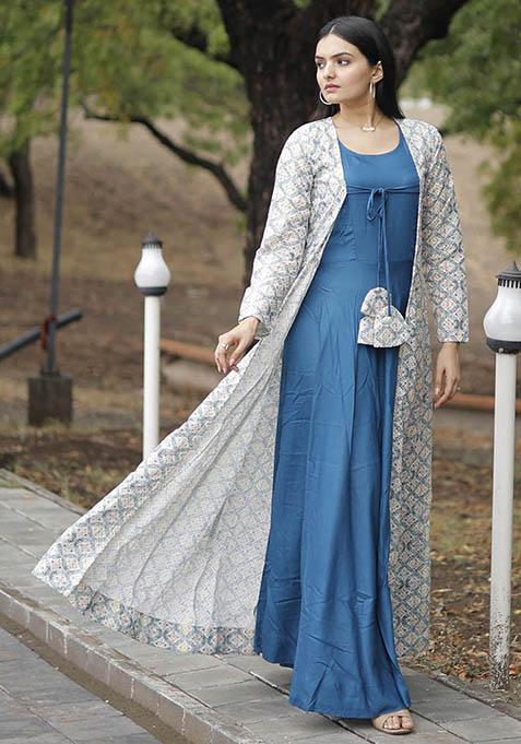 Blue Embroidered Rayon Kurta Set