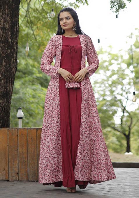 Maroon Embroidered Rayon Kurta Set