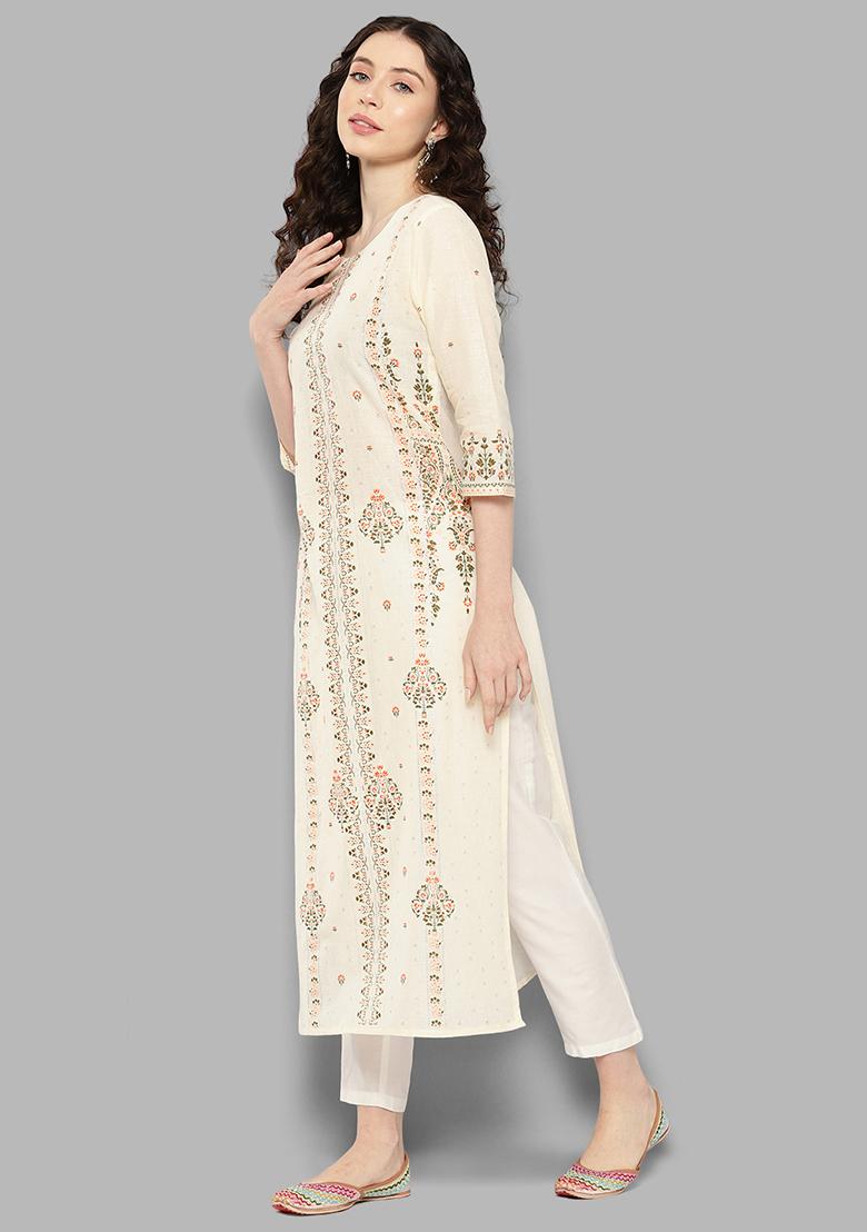 Off White Printed Cotton Kurta