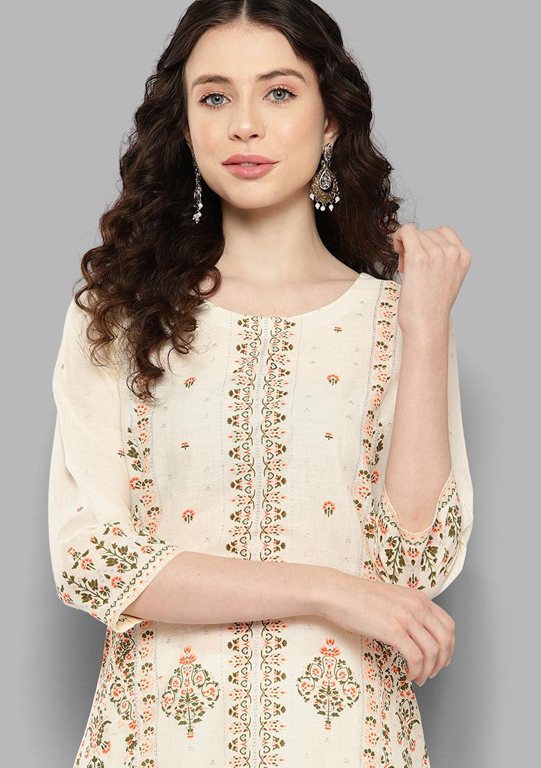 Off White Printed Cotton Kurta