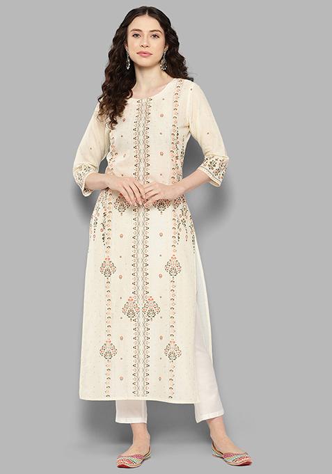 Off White Printed Cotton Kurta