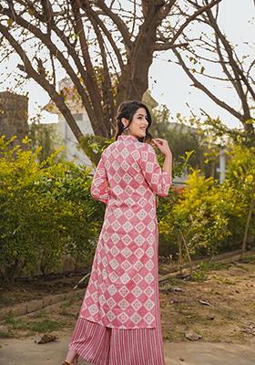 Pink Printed Rayon Kurta Set