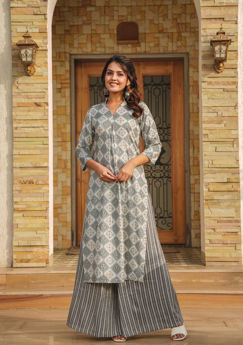 Grey Printed Rayon Straight Kurta Set - Indya