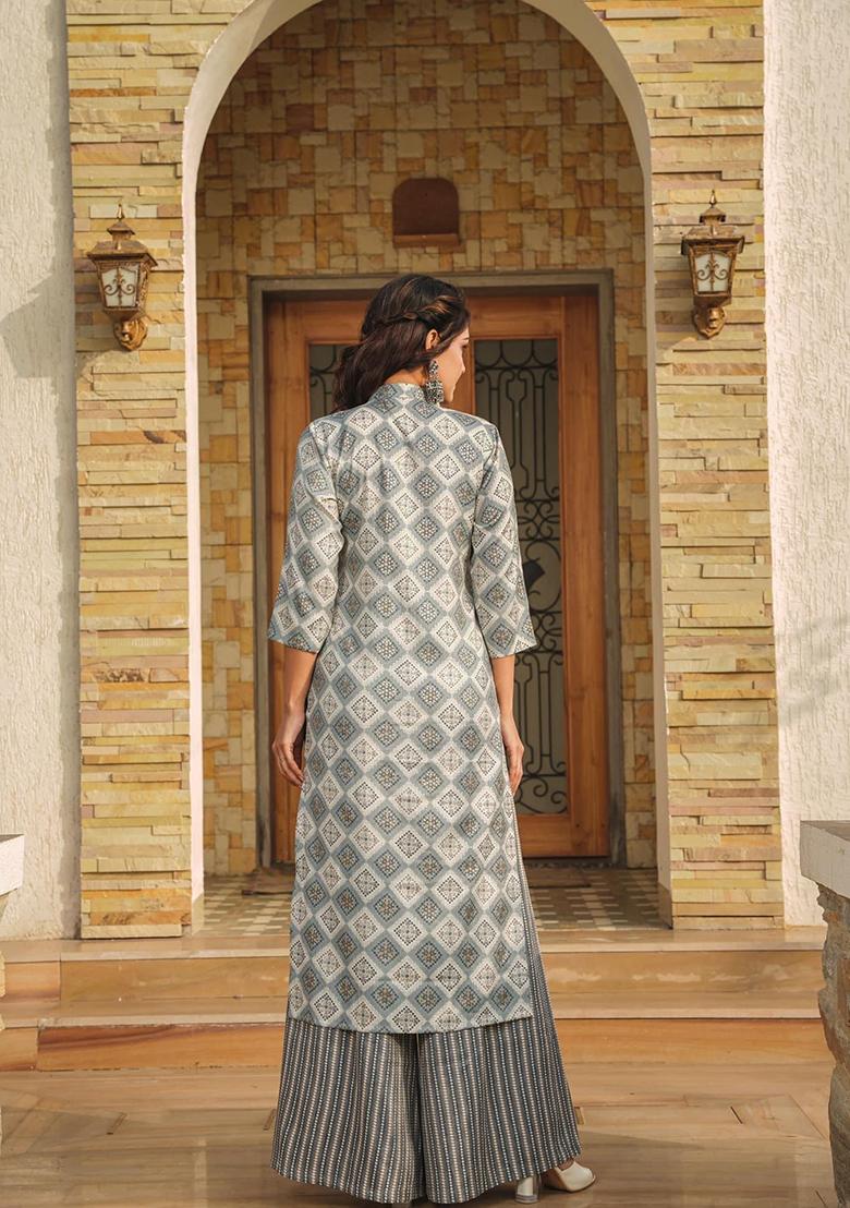 Grey Printed Rayon Kurta Set