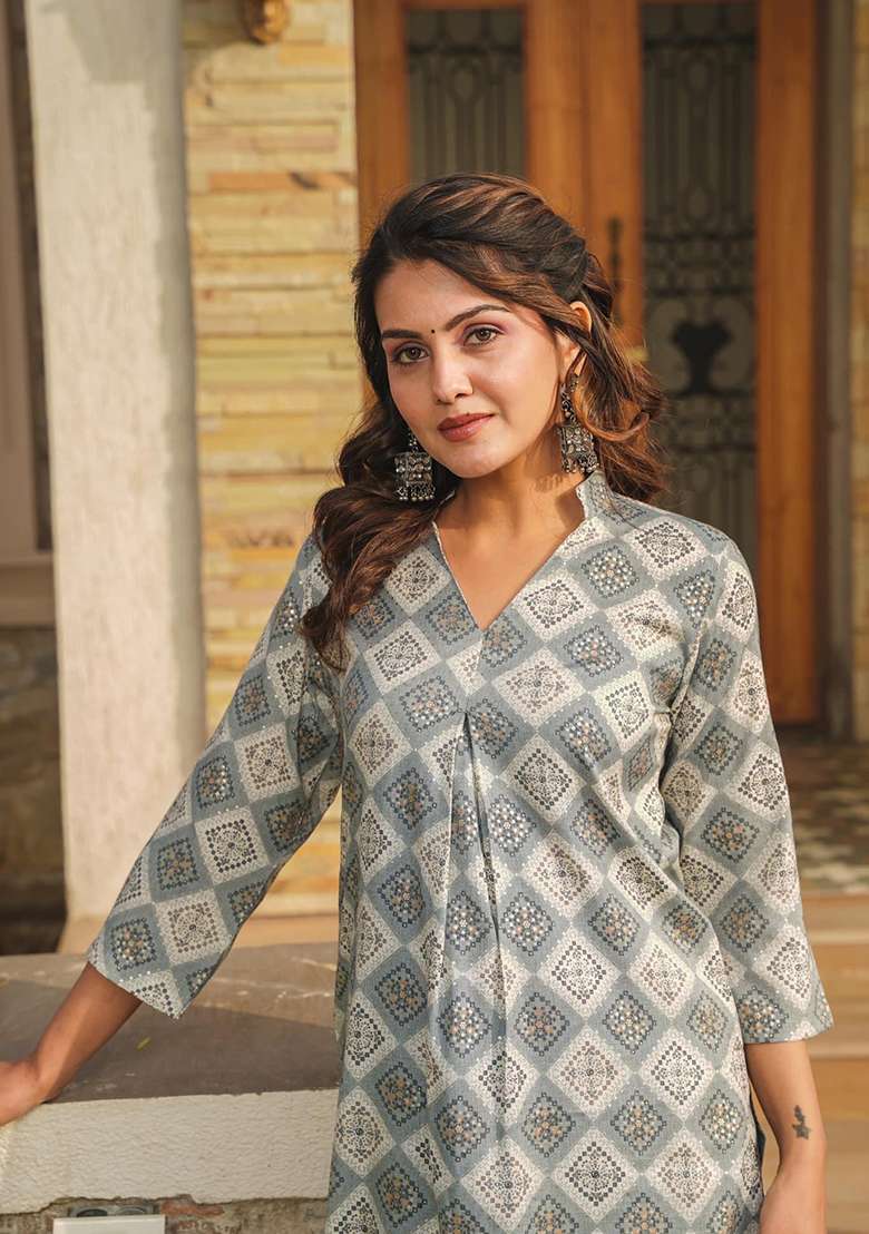 Grey Printed Rayon Straight Kurta Set - Indya