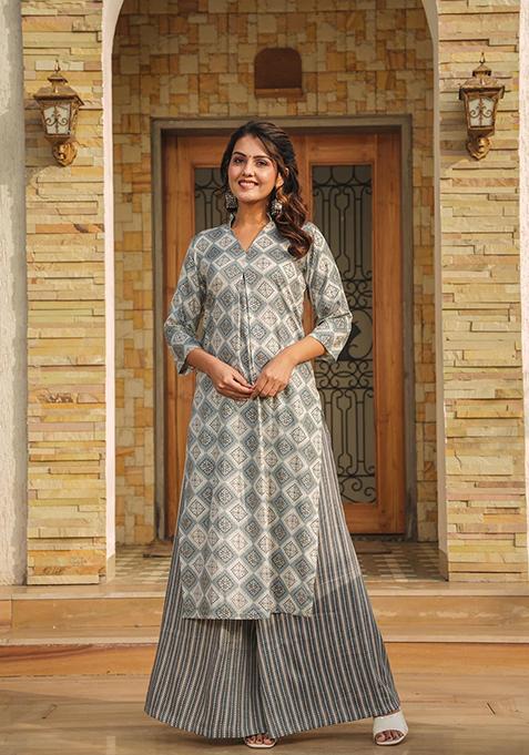 Grey Printed Rayon Kurta Set