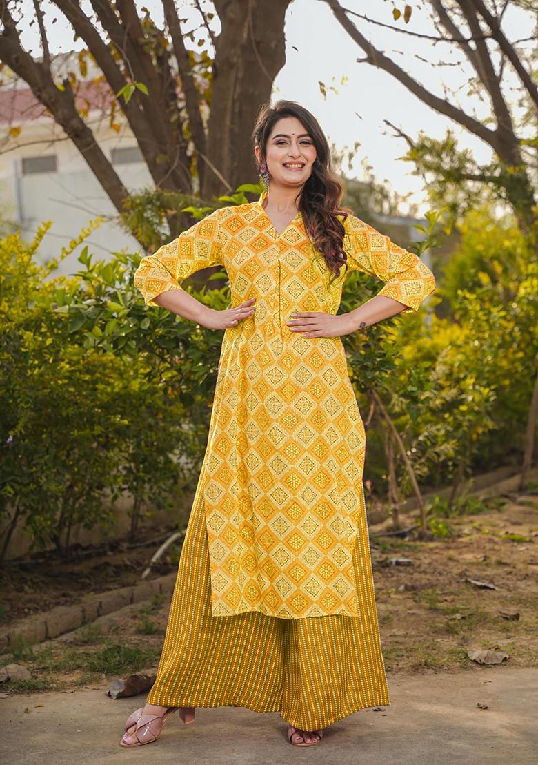 Yellow Printed Rayon Kurta Set