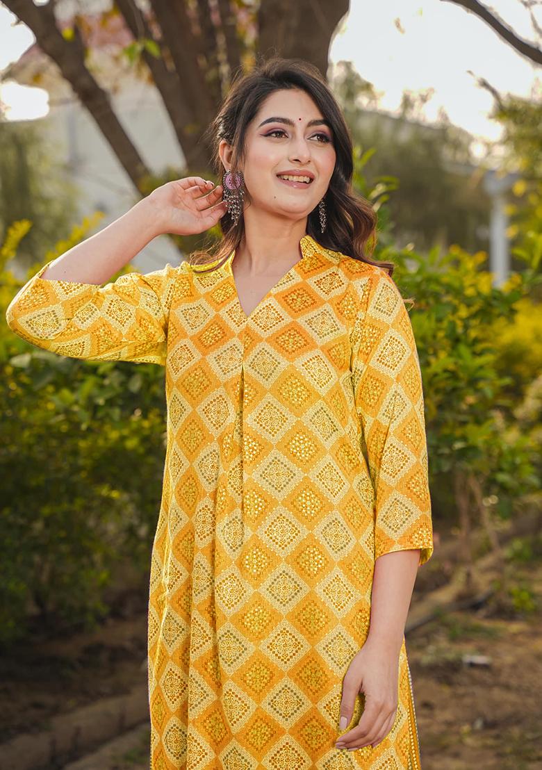 Yellow Printed Rayon Kurta Set