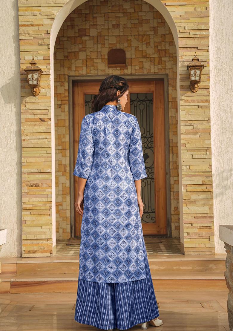 Blue Printed Rayon Kurta Set - Indya