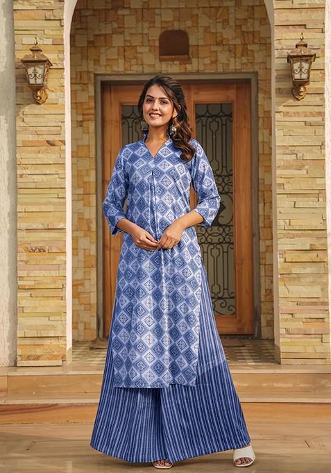 Blue Printed Rayon Kurta Set