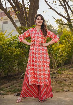 Red Printed Rayon Kurta Set