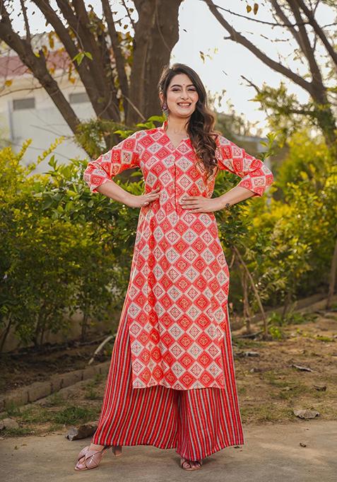 Red Printed Rayon Kurta Set