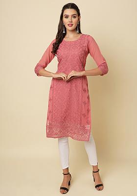 Pink Embroidered Georgette Kurta