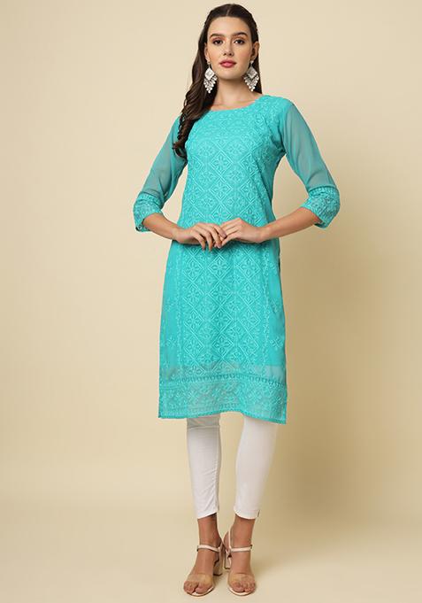 Sea Green Embroidered Georgette Kurta