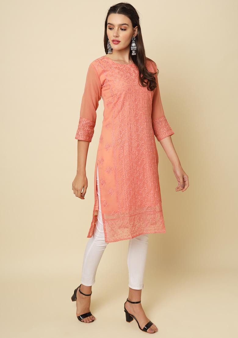 Red Embroidered Georgette Kurta