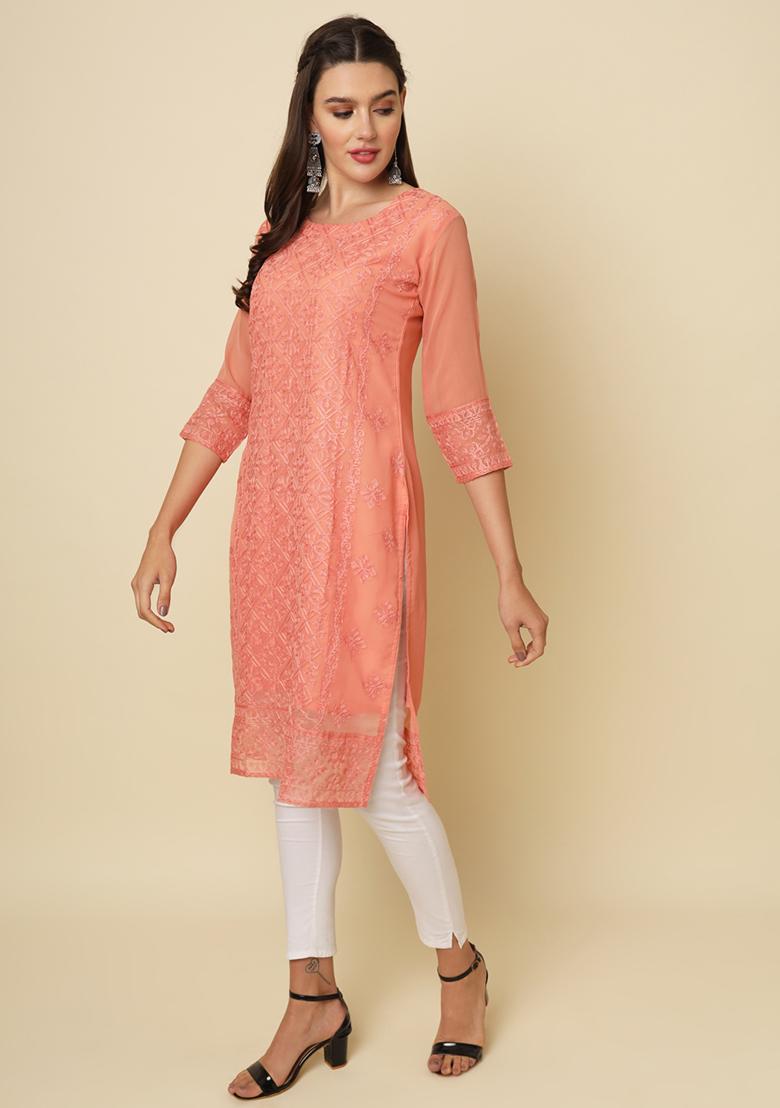 Red Embroidered Georgette Kurta