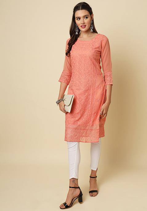 Red Embroidered Georgette Kurta