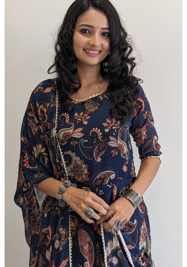 Navy Blue Solid Georgette Kurta Set